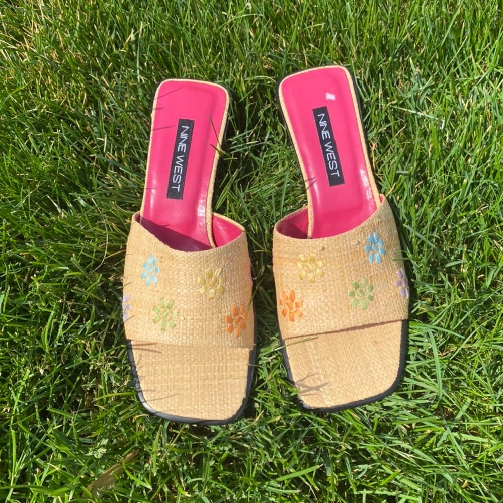 Nine West Tan Slide Sandals with Floral Embroidery